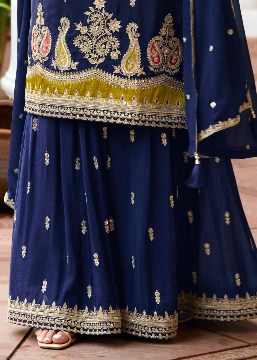 Designer Navy Blue Chinon Silk Sharara Suit Set With Dupatta