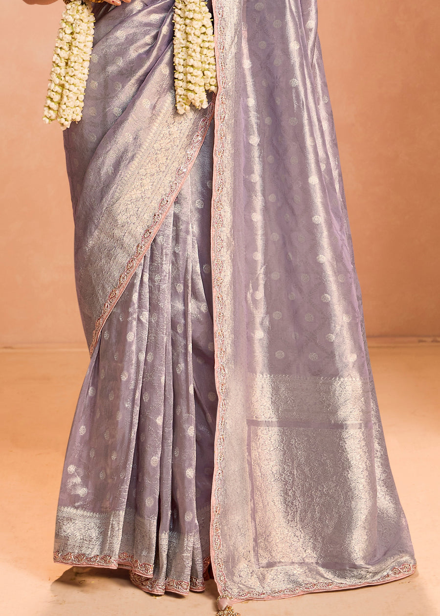 Pure Banarasi Tissue Silk Embroidered Lavender Purple Handloom Saree & Contrast Peach Blouse