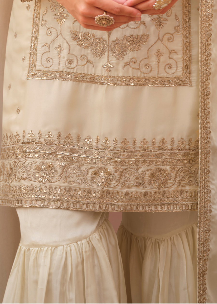 Readymade Creamy White Embroidered Silk Sharara Suit Set with Dupatta