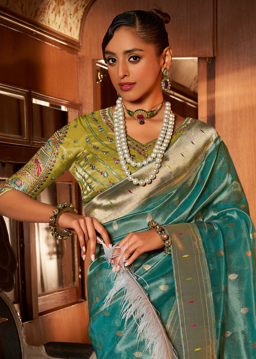 Paithani Tissue Silk Light Blue Handloom Saree & Contrast Lime Yellow Embroidered Blouse
