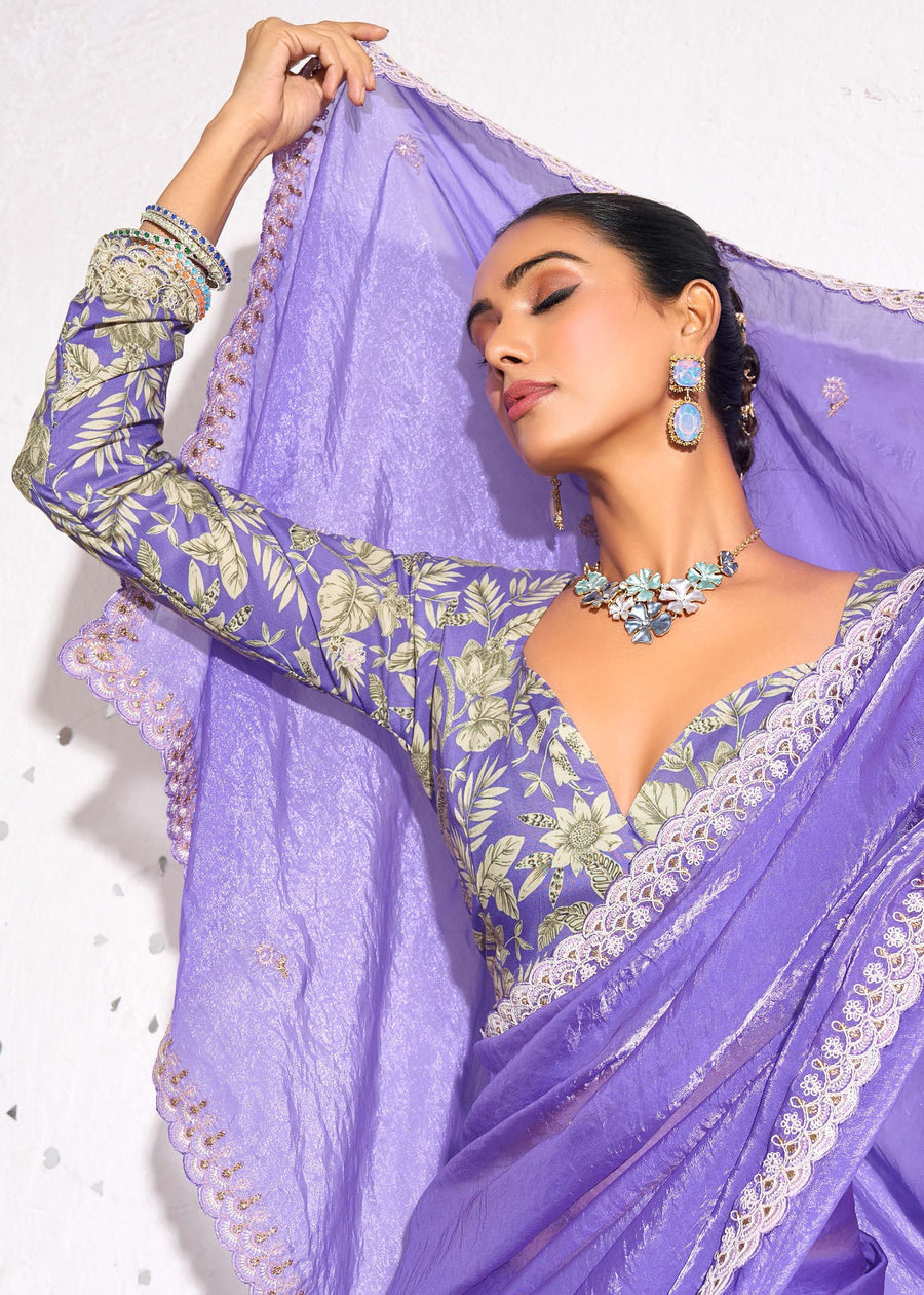 Crushed Tissue Lavender Purple Embroidered Saree & Printed Blouse