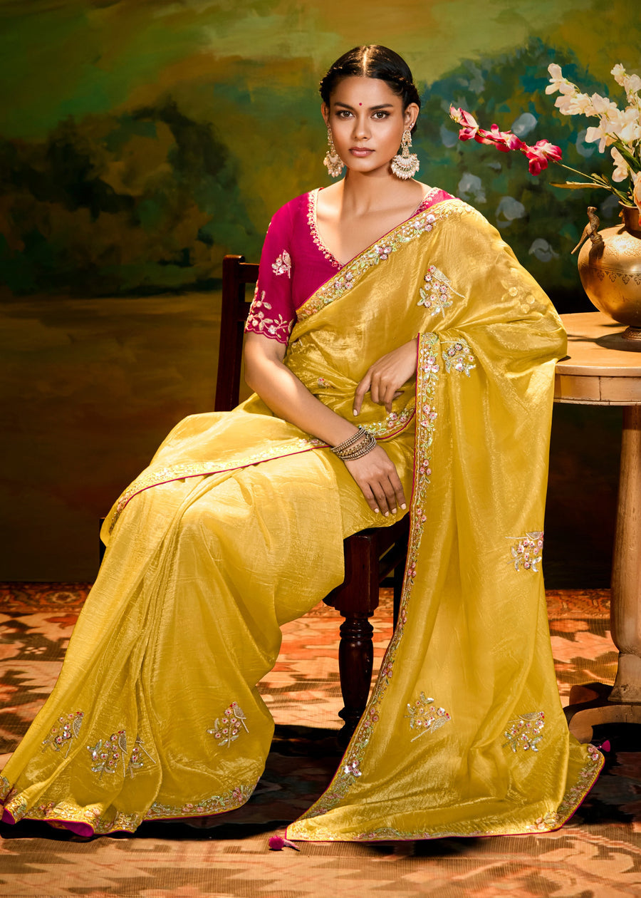 Crushed Satin Tissue Yellow Embroidered Saree & Red Blouse