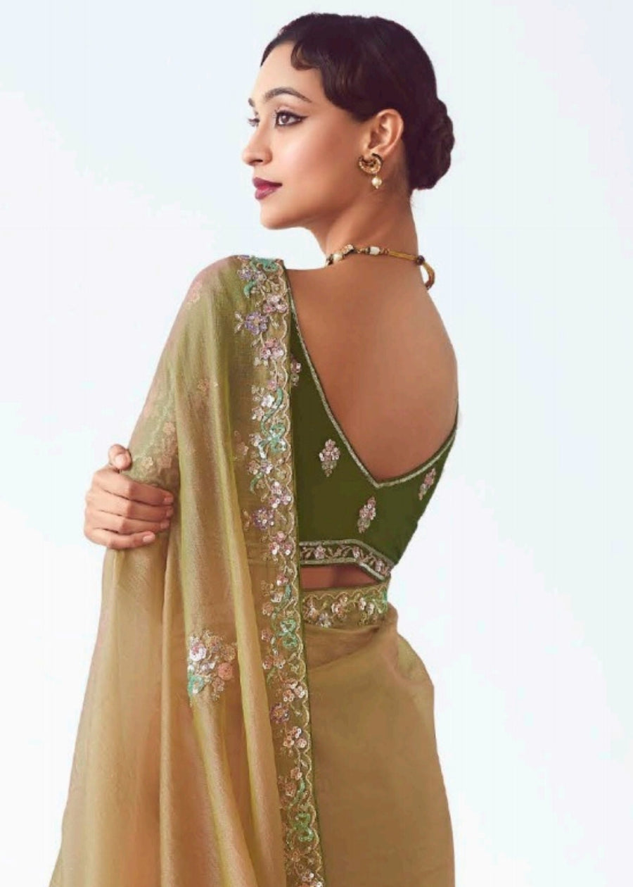 Golden Organza Tissue Silk Embroidered Saree with Contrast Green Blouse