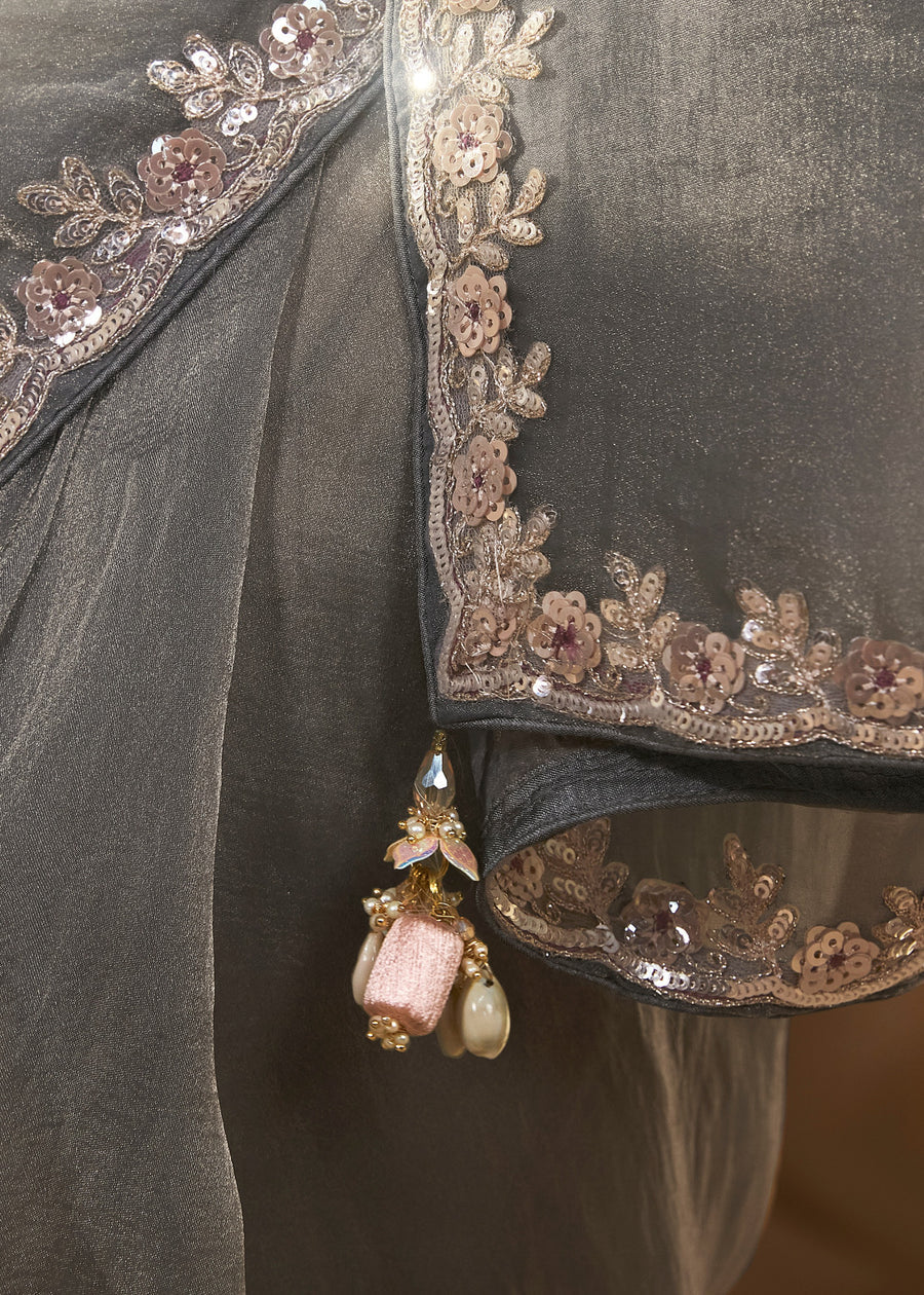 Grey Organza Tissue Silk Embroidered Saree & Pastel Peach Printed Blouse