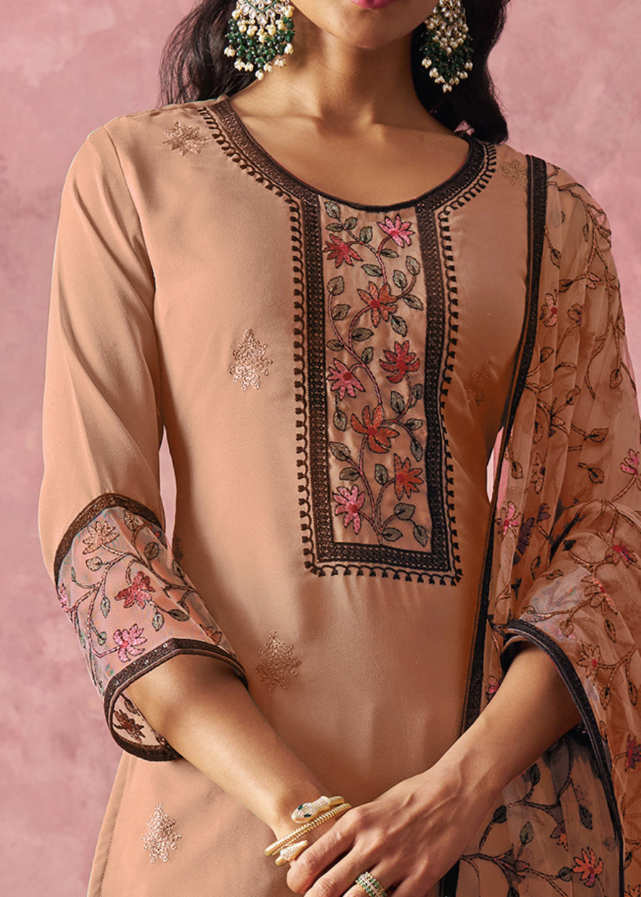 Designer Readymade Beige Georgette Pant Style Suit Set