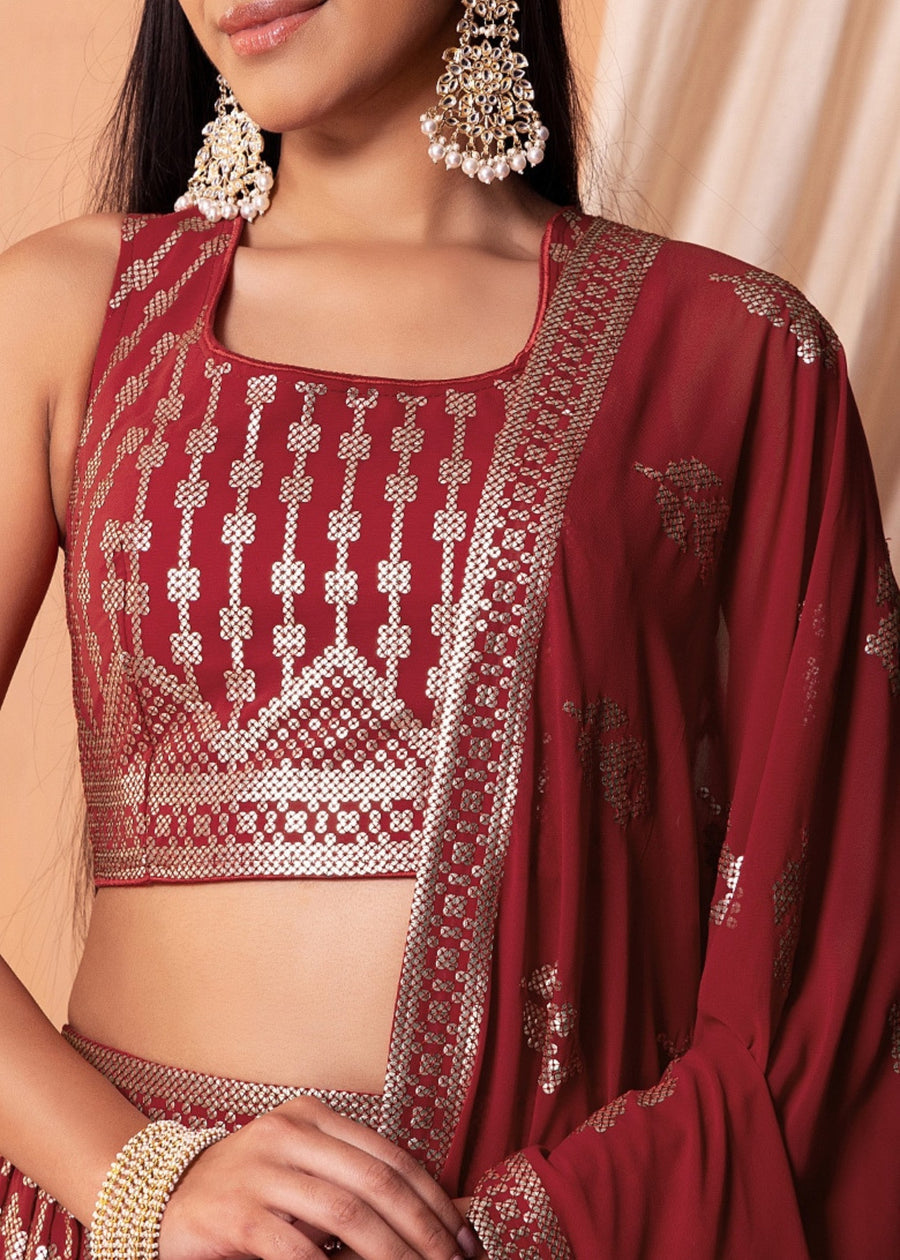 Maroon Red Sequins Work Georgette Bridesmaids Lehenga Choli