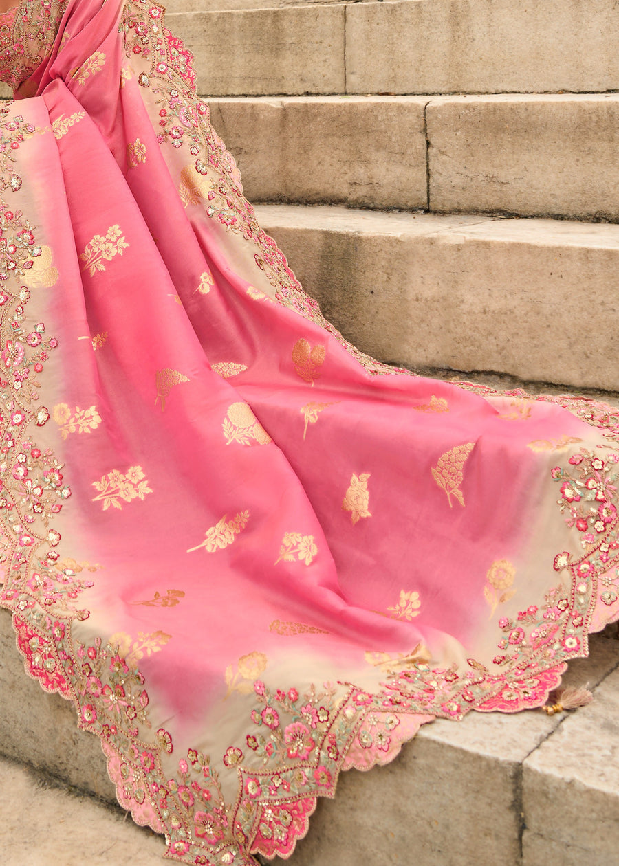 Banarasi Viscose Tissue Silk Rose Pink Handloom Embroidered Saree With Cut Work Border