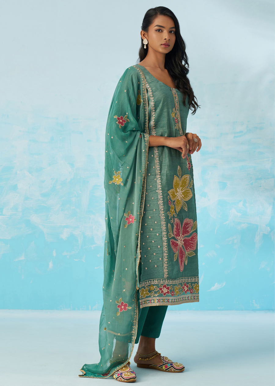 Sage Green Crushed Tissue Silk Ethnic Pant Style Suit With Dupatta