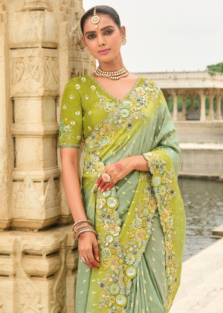 Banarasi Viscose Tissue Silk Pista Green Ombre Handloom Embroidered Saree With Cut Work Border