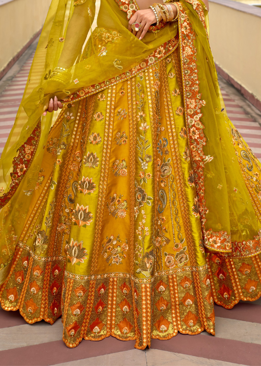 Mustard Yellow and Lime Green Silk Bridal Lehenga Choli