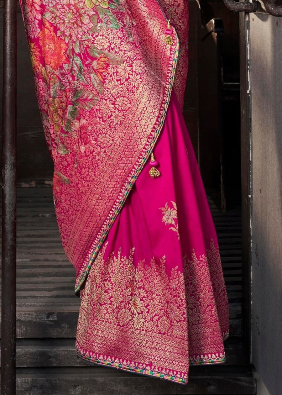 Banarasi Dola Silk Hot Pink Saree & Green Embroidered Blouse