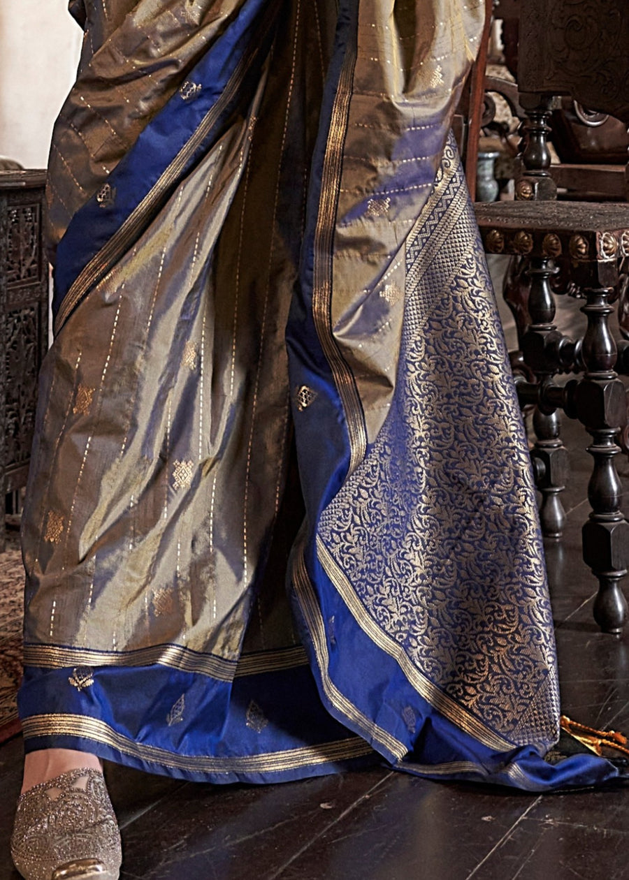 Pure Banarasi Tussar Silk Copper Grey & Royal Blue Handloom Saree