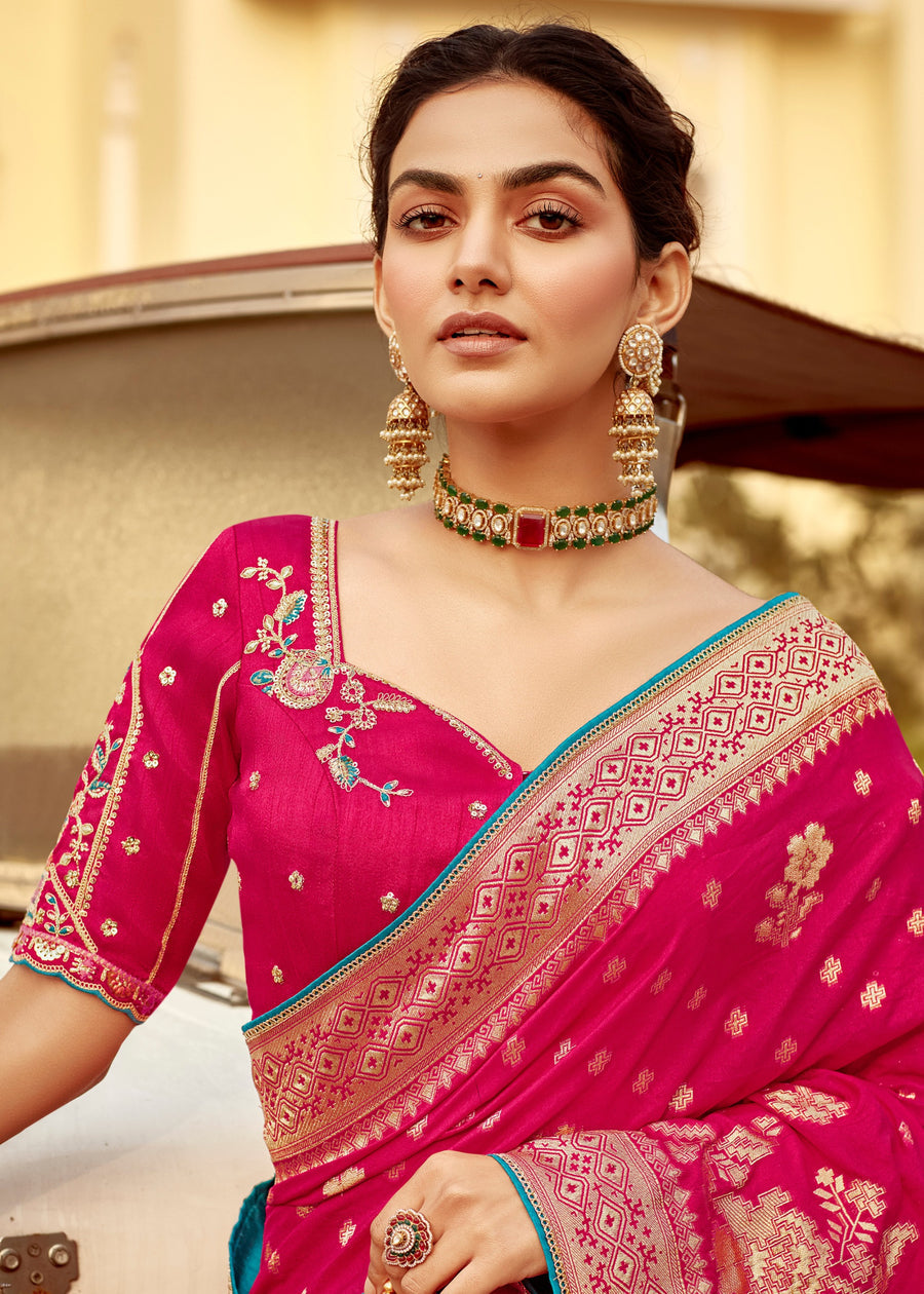 Dola Banarasi Silk Pinkish Red Bridal Saree With Embroidered Blouse