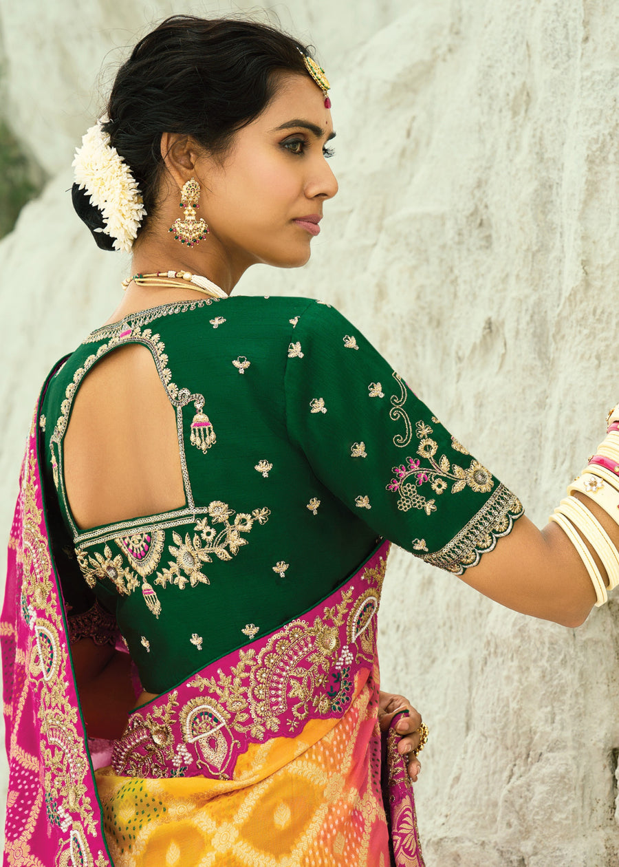 Yellow Pink Multicolor Ombre Khaddi Georgette Embroidered Bandhani Saree