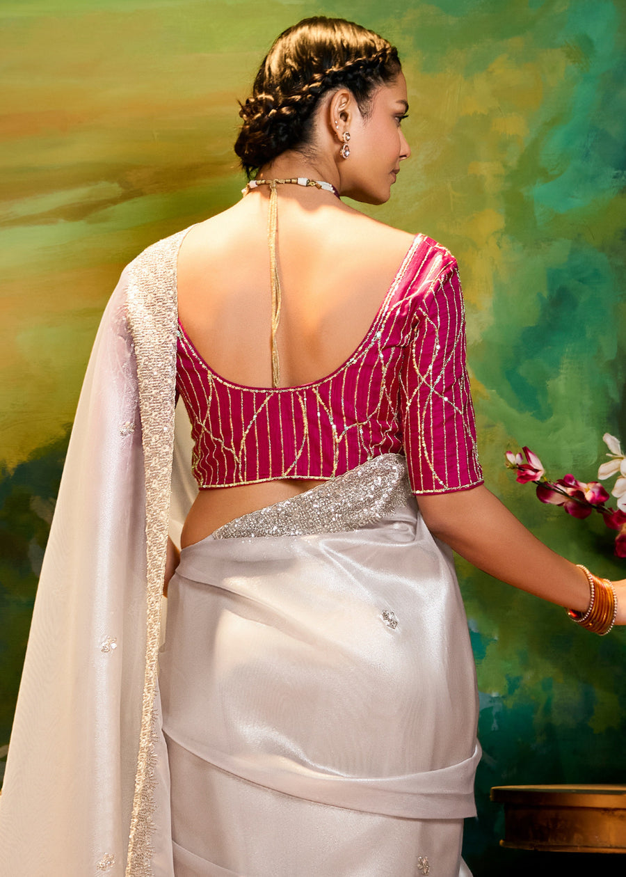 Organza Tissue White Sequins Embroidered Saree & Pinkish Red Blouse