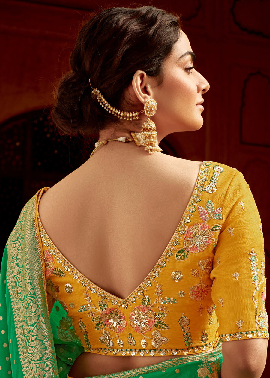 Dola Banarasi Silk Emerald Green Saree With Contrast Yellow Embroidered Blouse