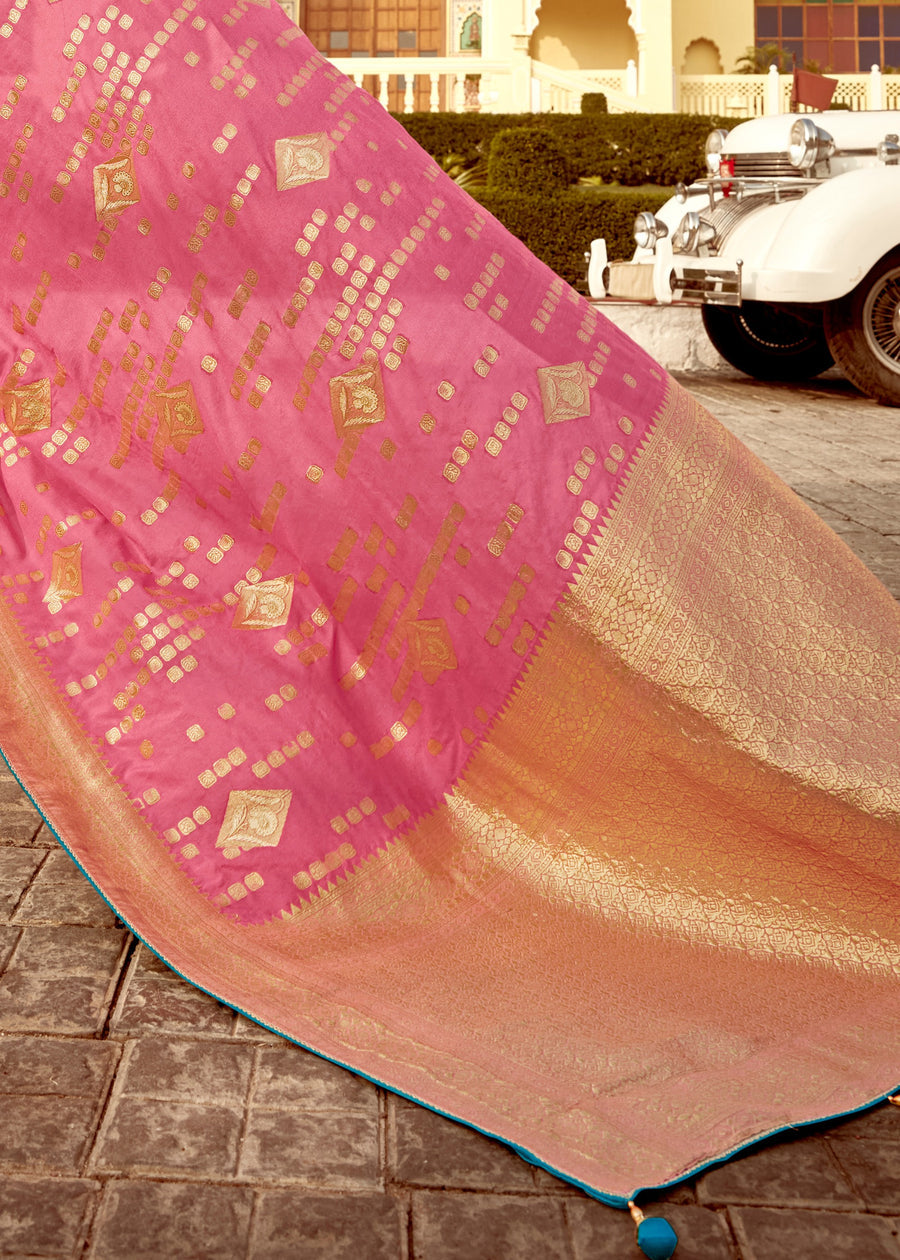 Dola Banarasi Silk Pink Saree With Contrast Blue Embroidered Blouse