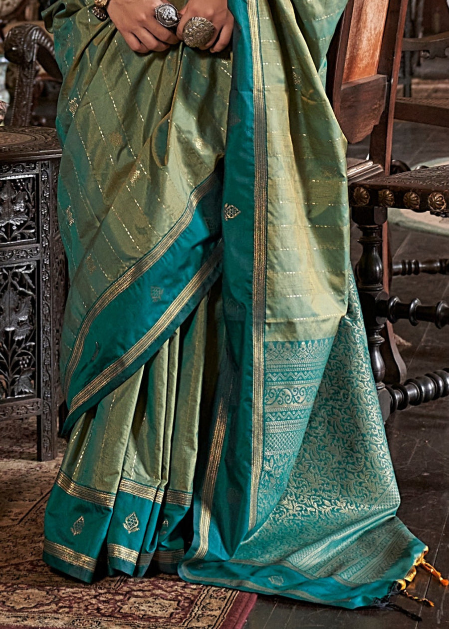 Pure Banarasi Tussar Silk LIght & Dark Green Handloom Saree