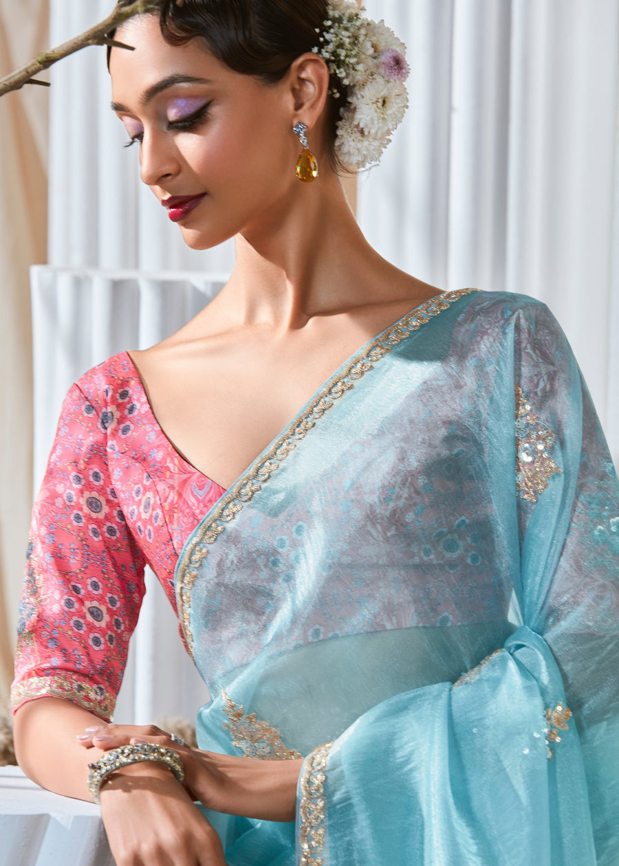 Pastel Blue Organza Tissue Silk Embroidered Saree & Pink Printed Blouse