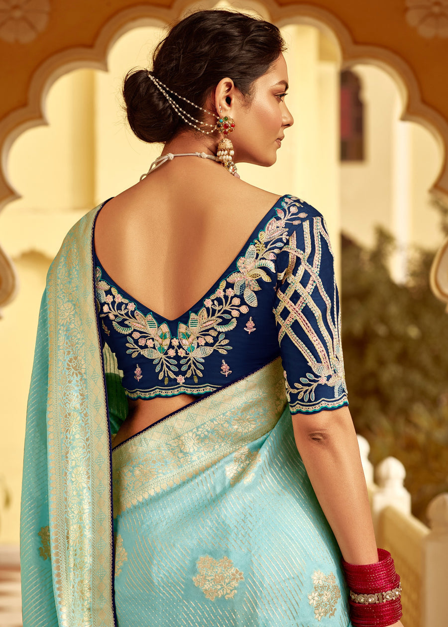 Dola Banarasi Silk Sky Blue Saree With Contrast Navy Embroidered Blouse