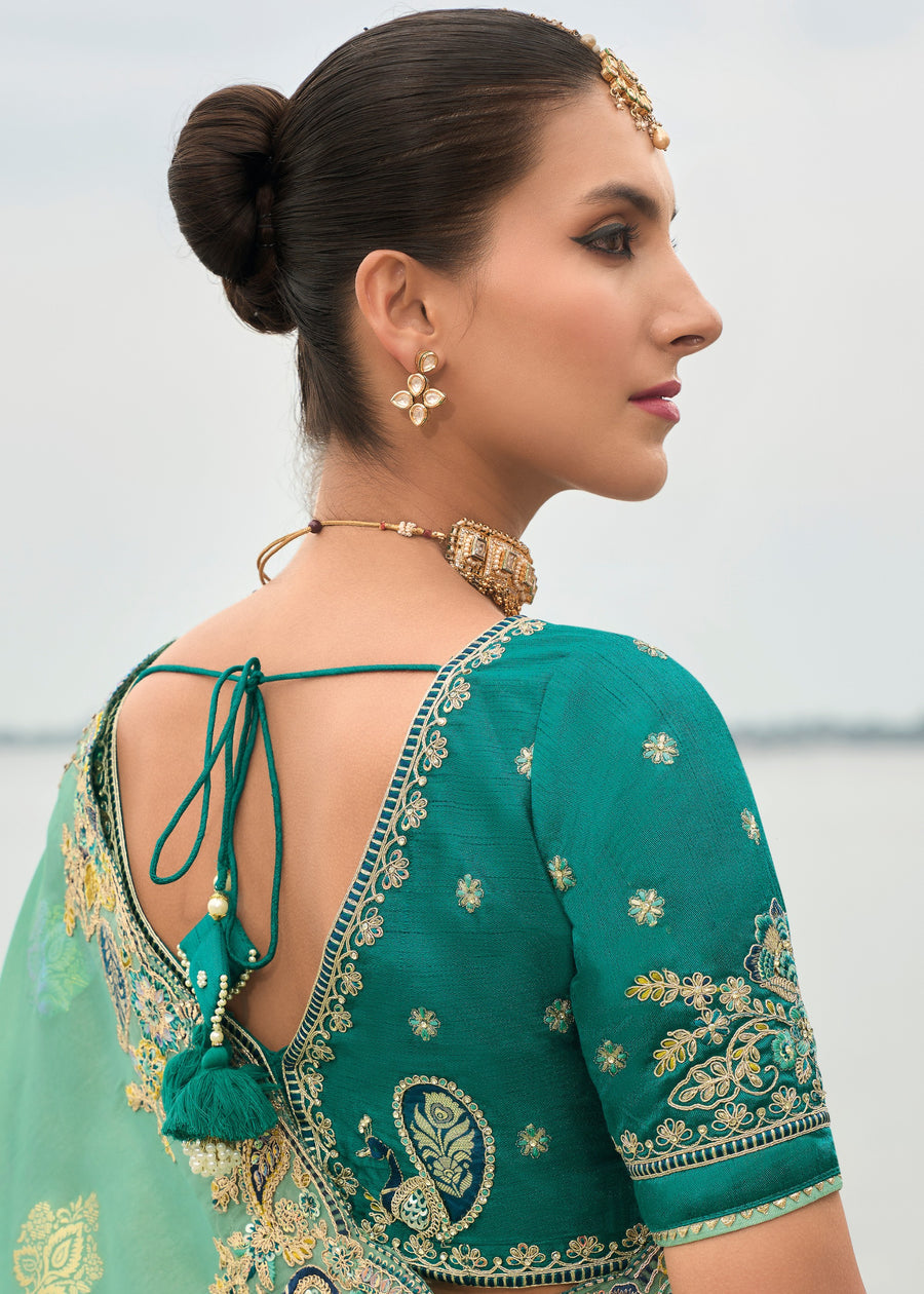 Banarasi Viscose Tissue Silk Mint Green Handloom Embroidered Saree With Cut Work Border