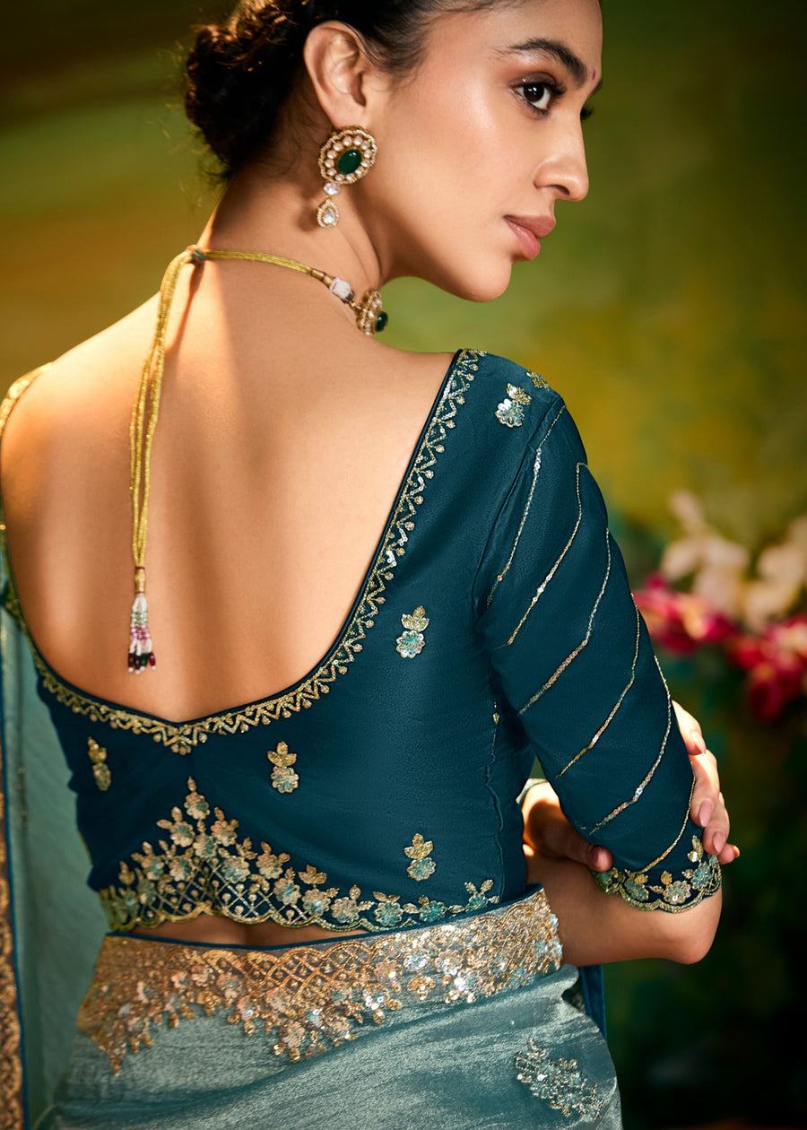 Crushed Satin Tissue Blue Embroidered Saree & Teal Blouse