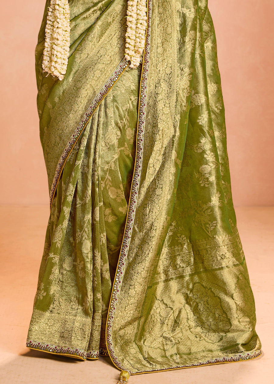 Pure Banarasi Tissue Silk Embroidered Green Handloom Saree & Contrast Yellow Blouse