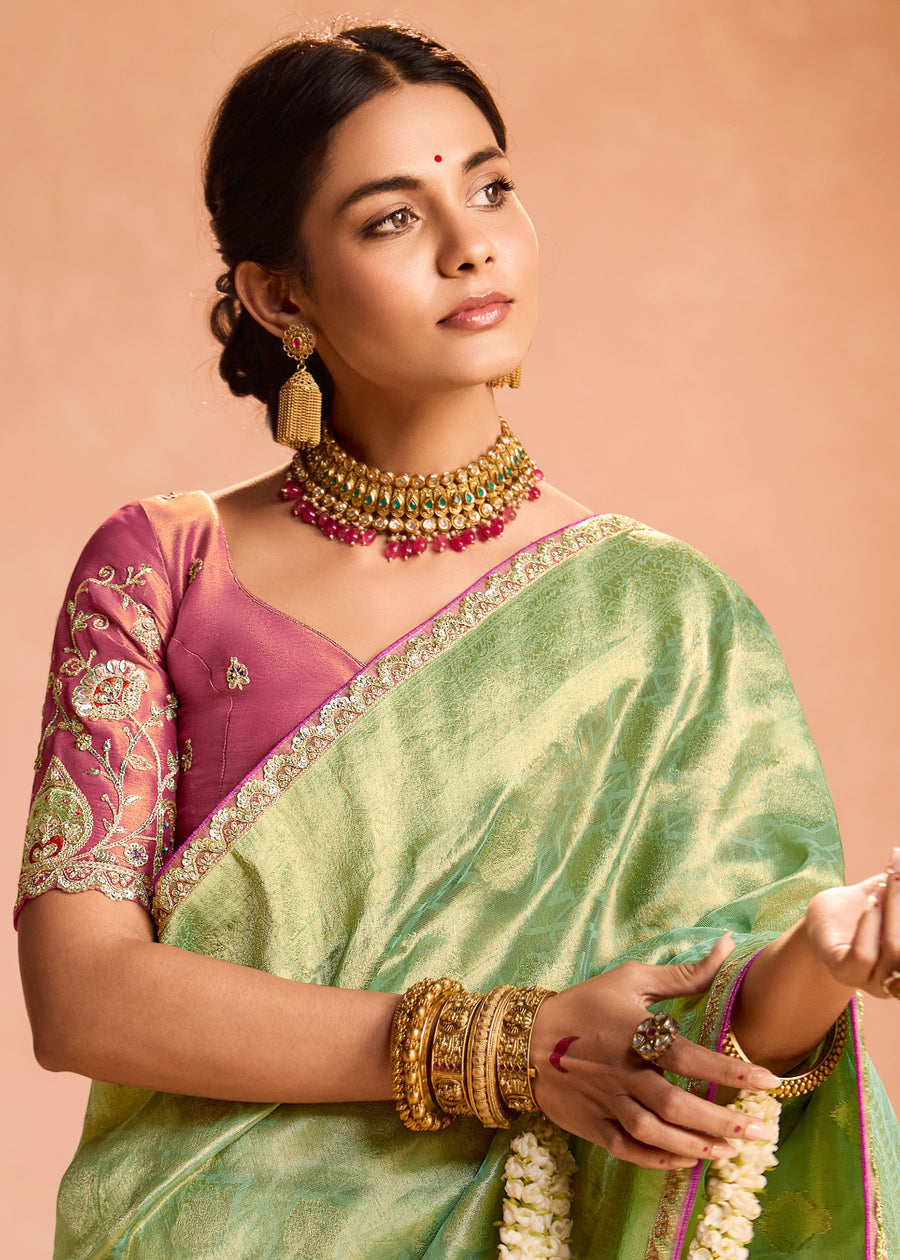 Pure Banarasi Tissue Silk Embroidered Light Green Handloom Saree & Contrast Pink Blouse