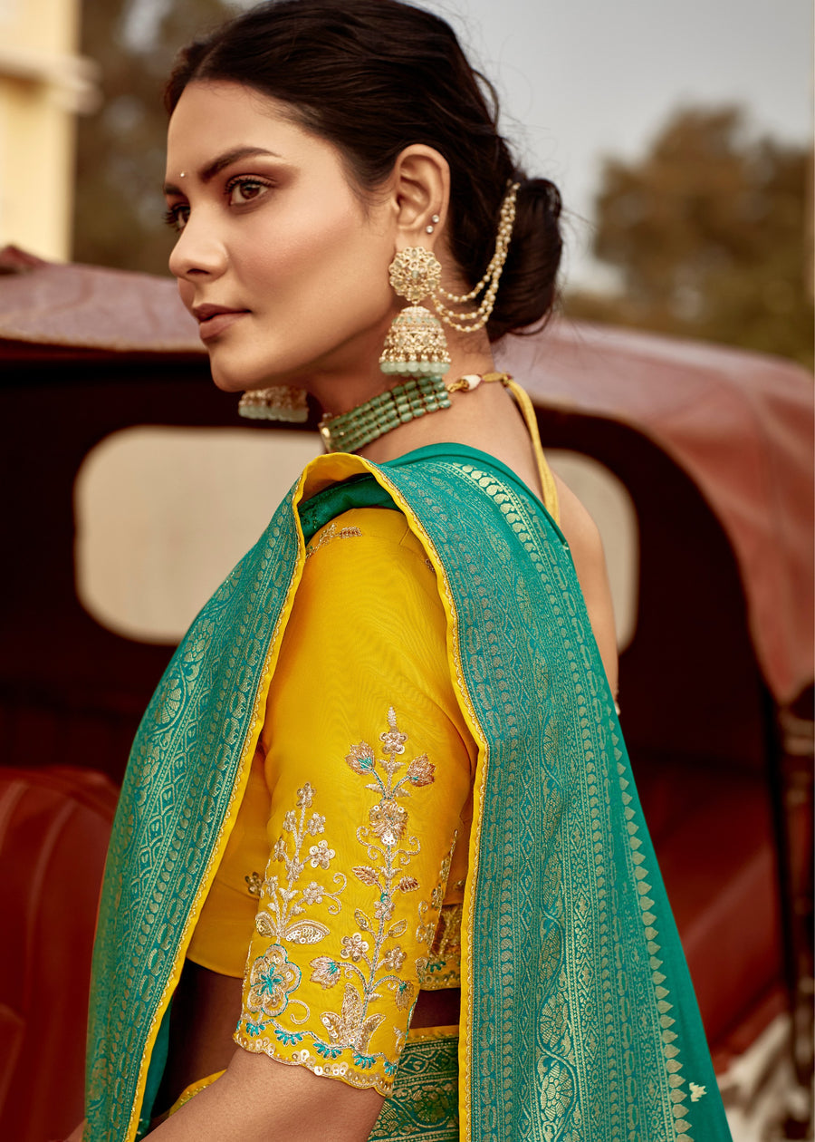 Dola Banarasi Silk Jade Green Saree With Contrast Yellow Embroidered Blouse