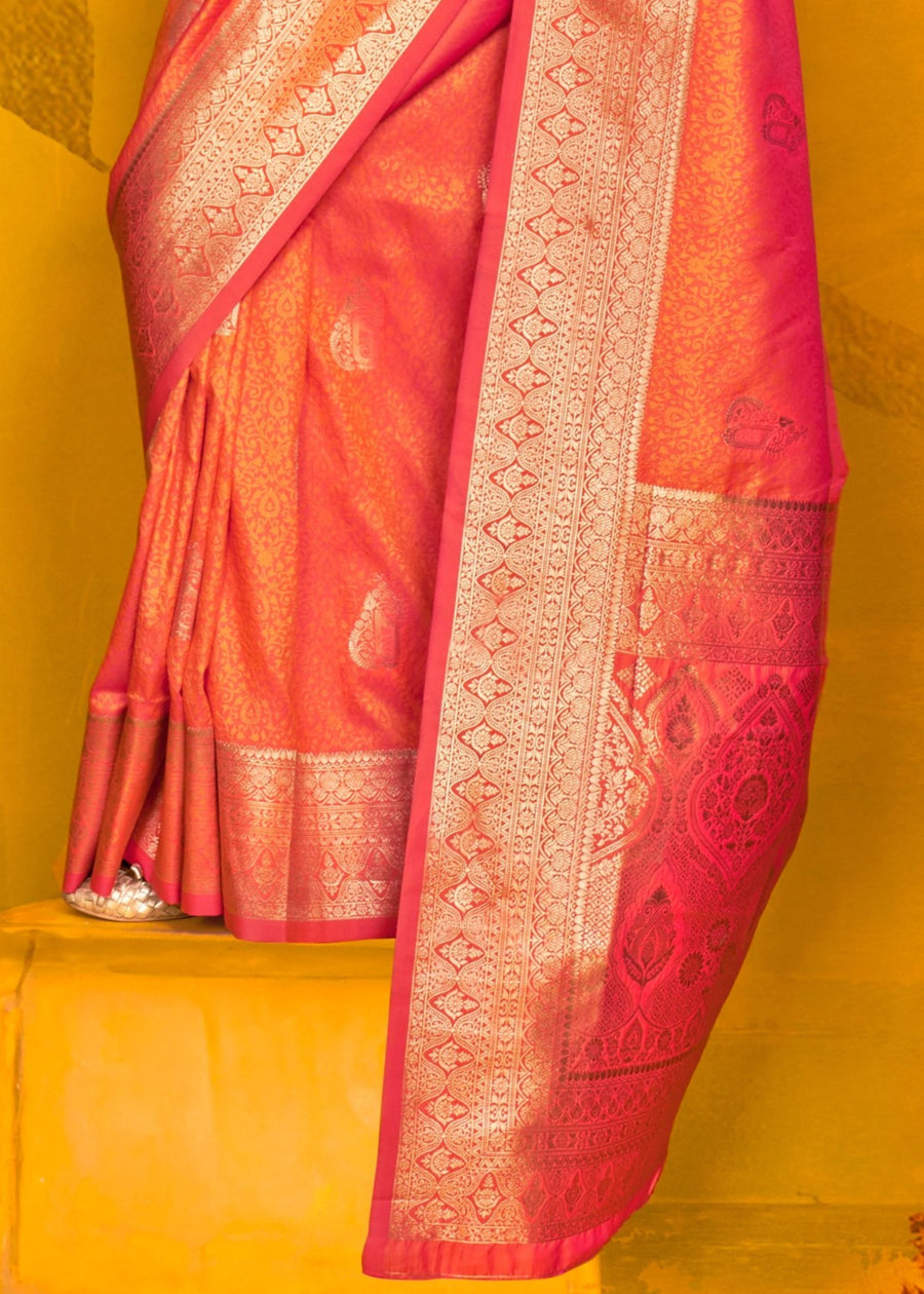 Orange Banarasi Silk Handloom Weaving Zari Saree