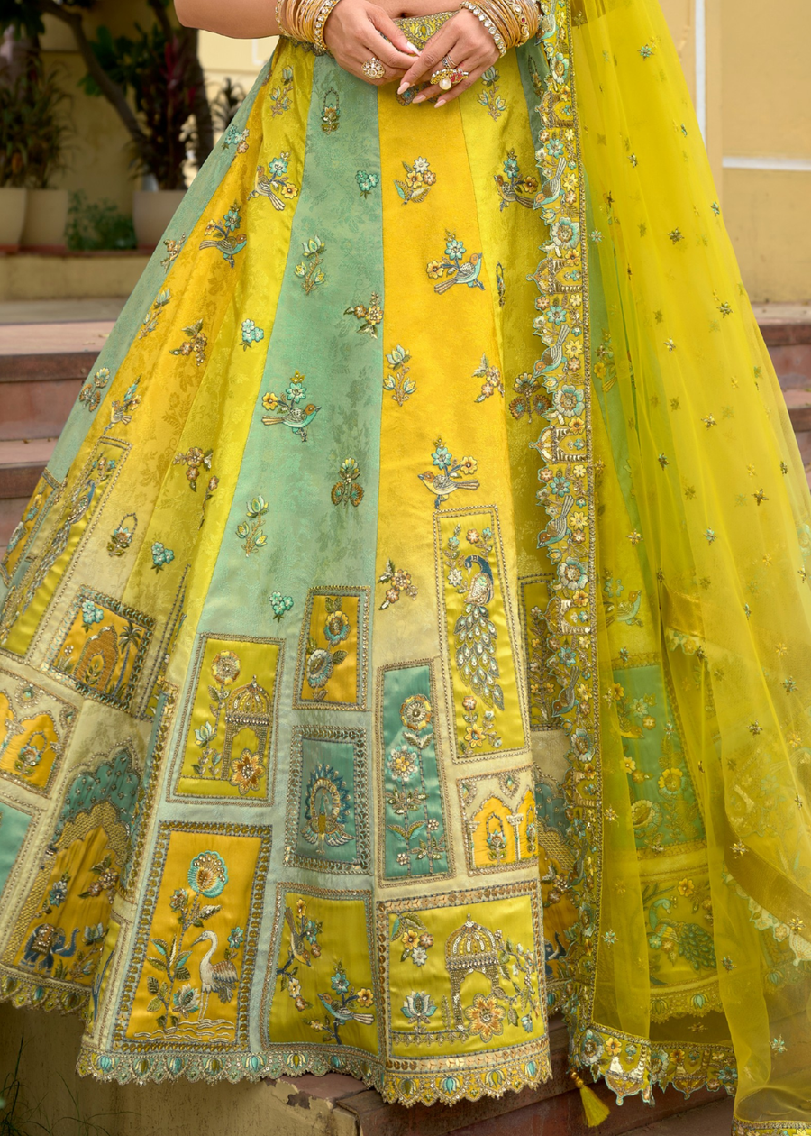 Lime Yellow and Aqua Blue Silk Bridal Lehenga Choli
