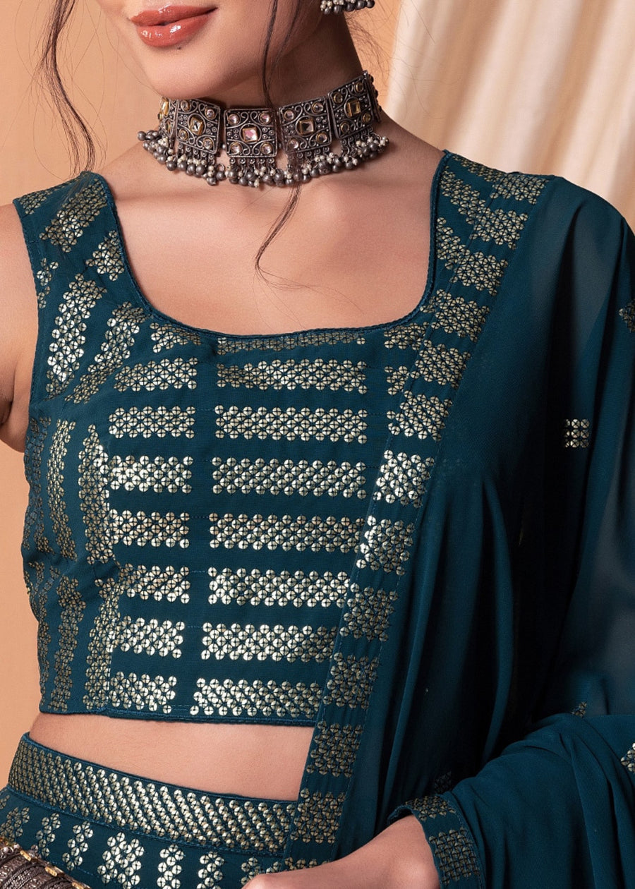 Teal Blue Sequins Work Georgette Bridesmaids Lehenga Choli
