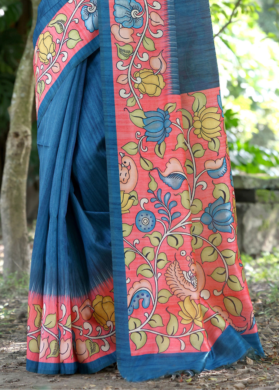 Royal Blue & Red Cotton Silk Kalamkari Saree