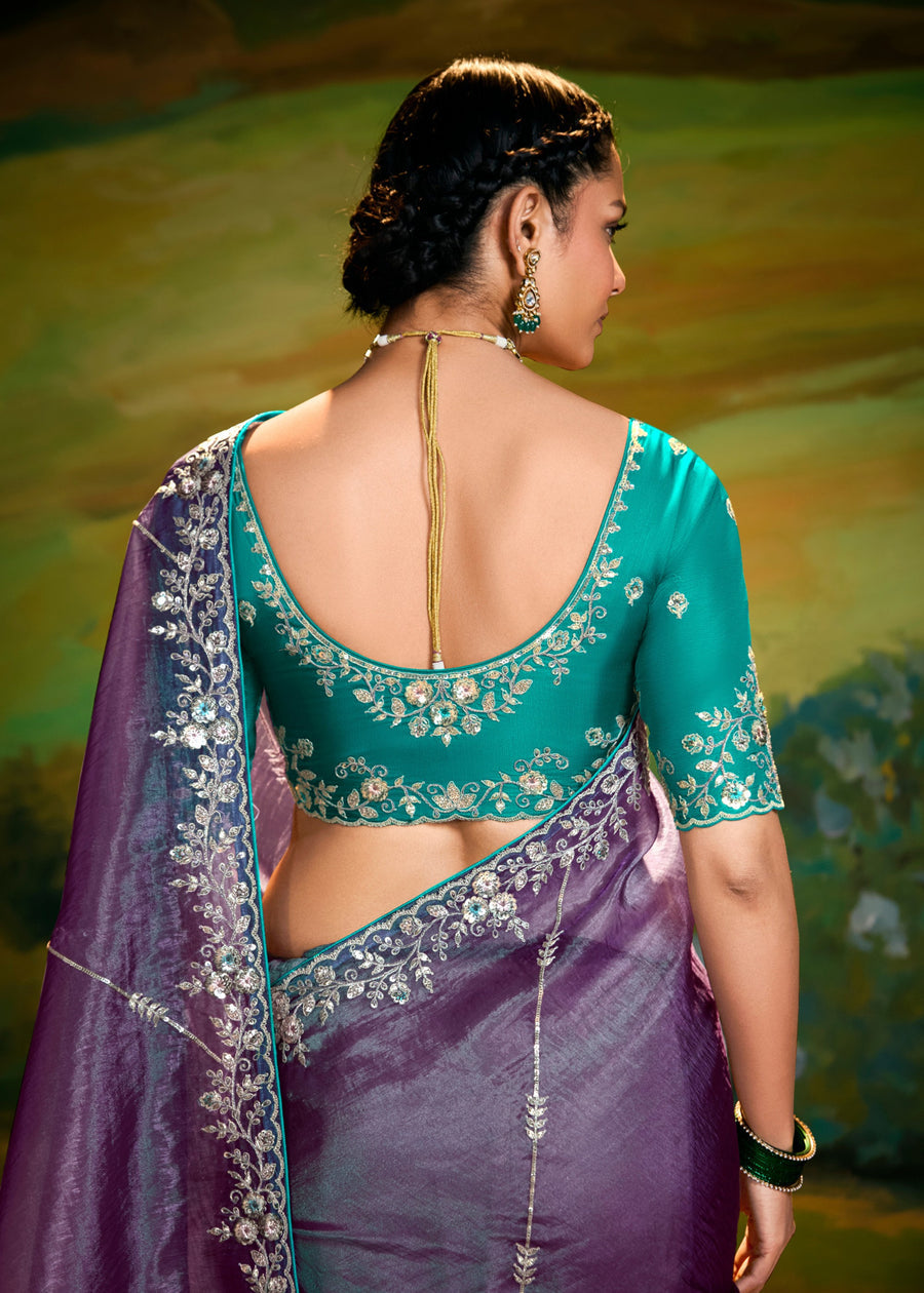 Crushed Satin Tissue Purple Embroidered Saree & Contrast Green Blouse