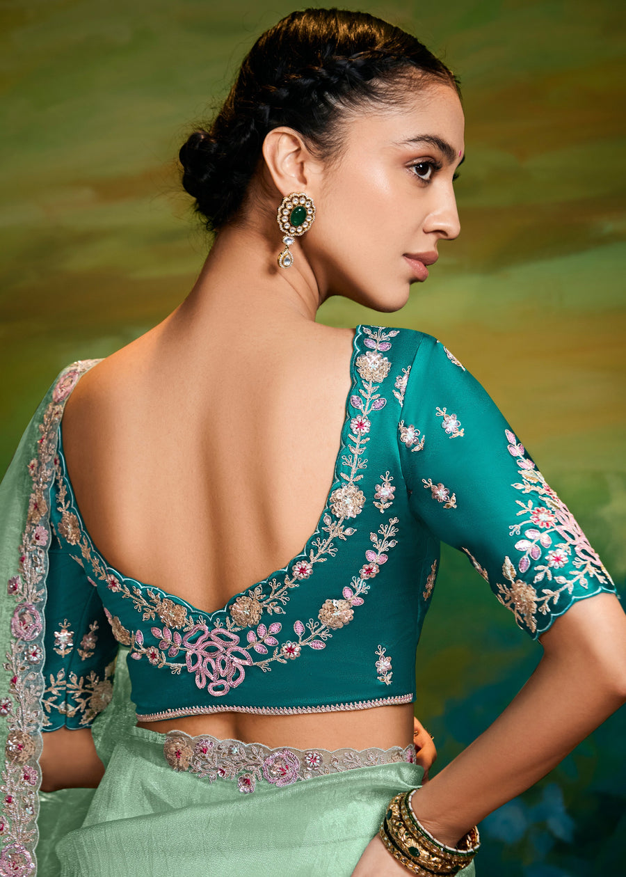 Crushed Satin Tissue Mint Green Embroidered Saree & Contrast Blouse