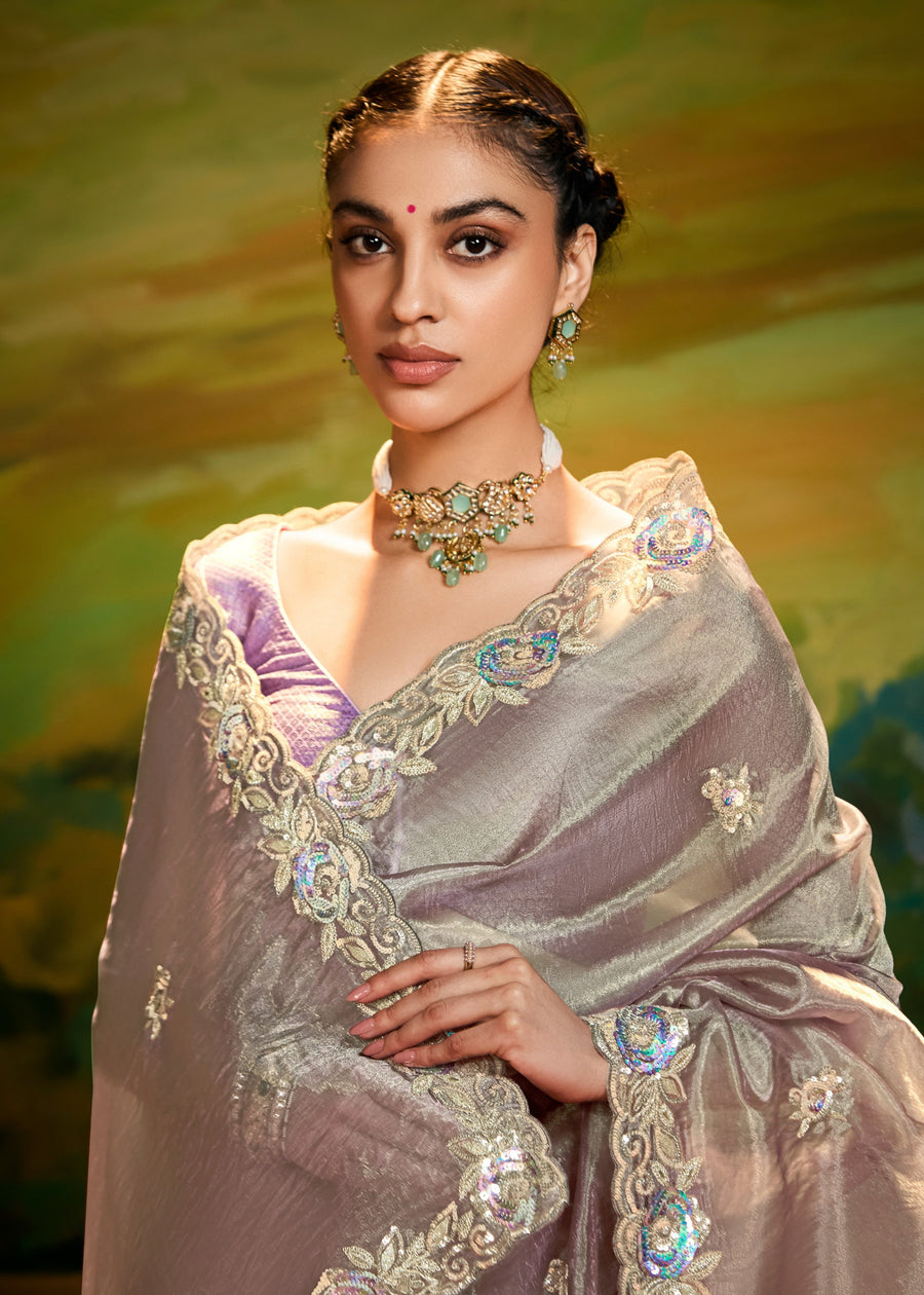 Crushed Satin Tissue Grey Embroidered Saree & Purple Blouse