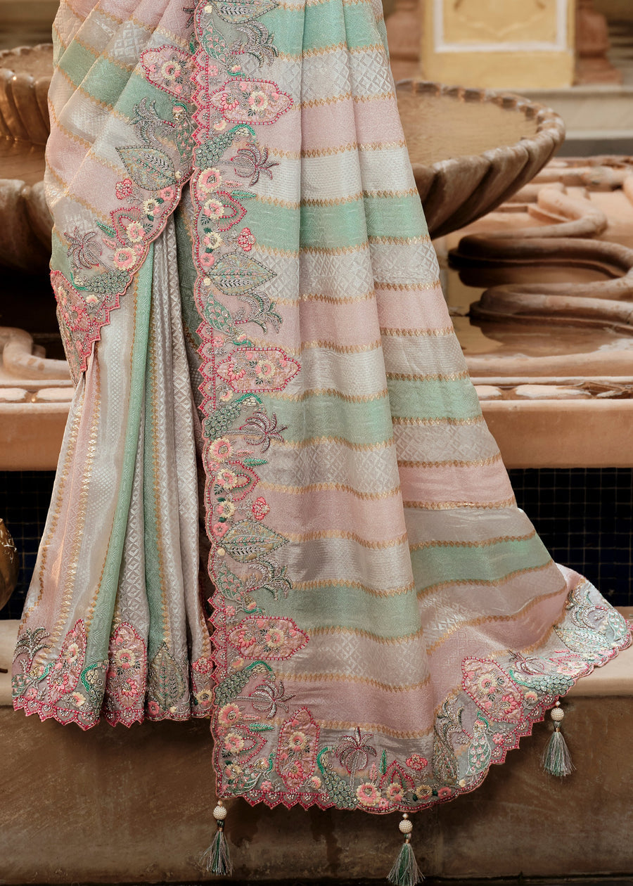 Pastel Green & Pink Soft Banarasi Silk Embroidered Saree