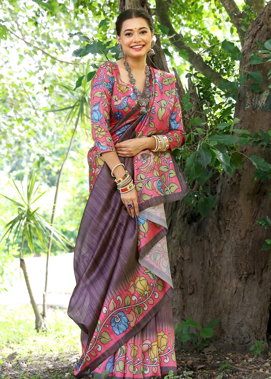 Brown & Red Cotton Silk Kalamkari Saree