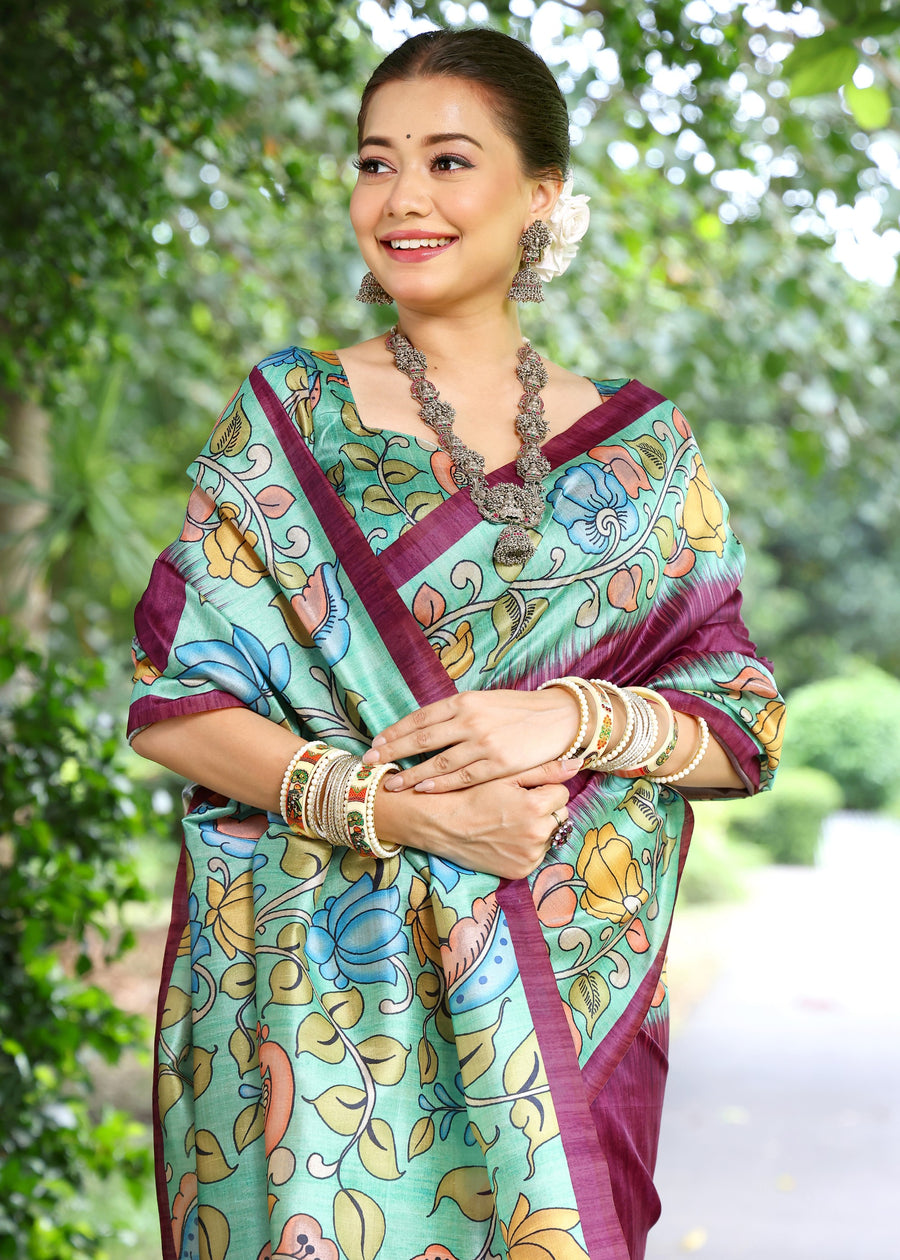 Wine Purple & Green Cotton Silk Kalamkari Saree