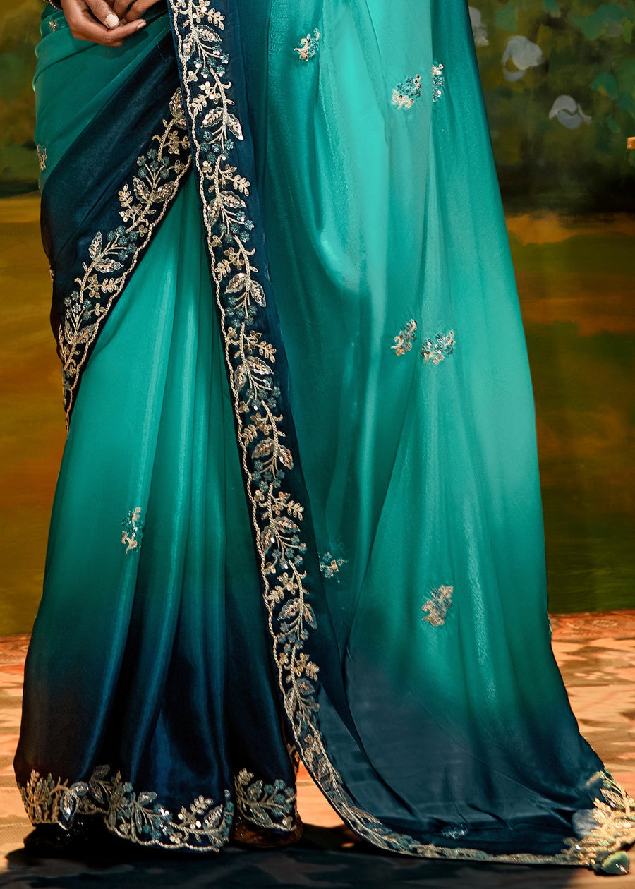 Satin Tissue Teal Blue Ombre Embroidered Saree & Contrast Blouse