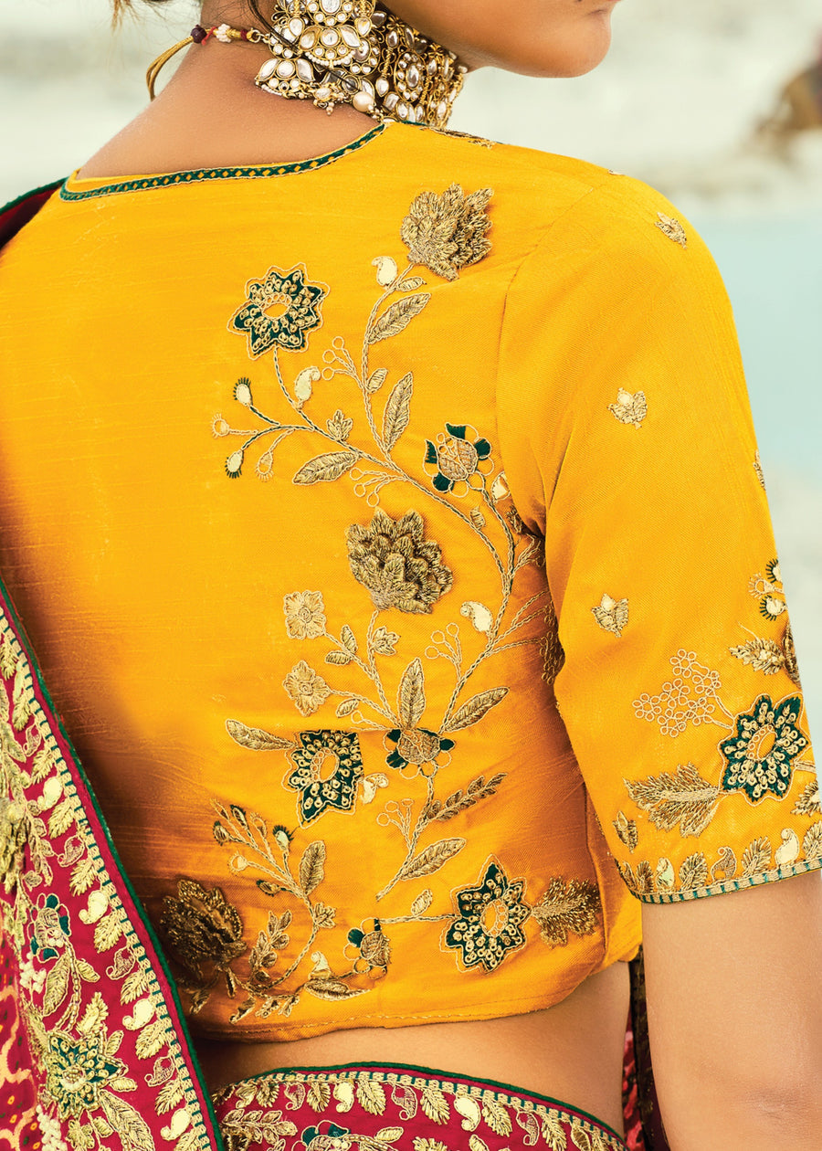 Yellow Orange & Red Multicolor Khaddi Georgette Embroidered Bandhani Saree