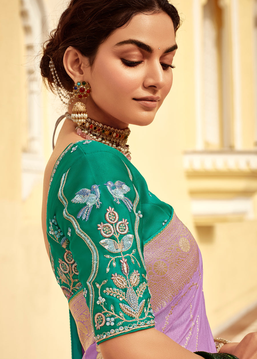 Dola Banarasi Silk Purple Saree With Contrast Green Embroidered Blouse