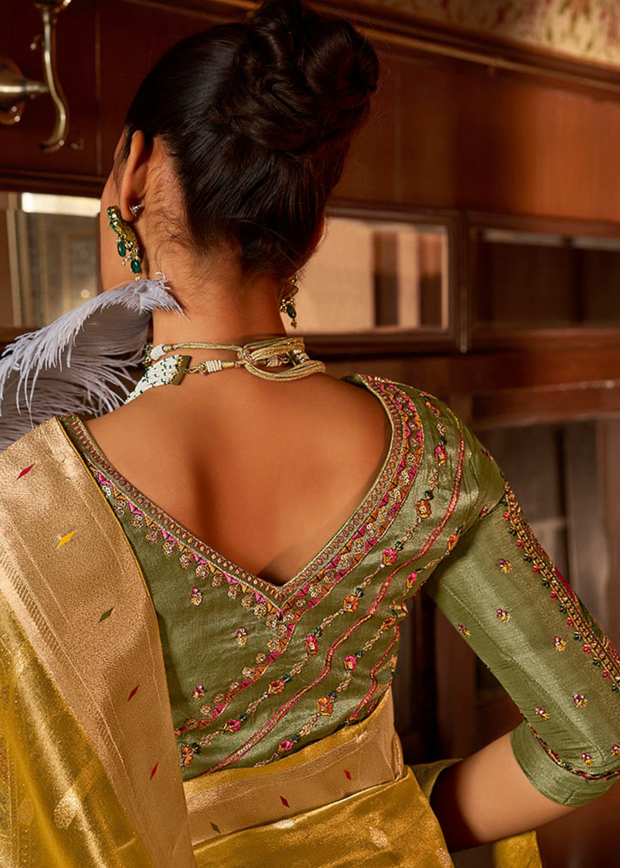 Paithani Tissue Silk Yellow Handloom Saree & Contrast Green Embroidered Blouse