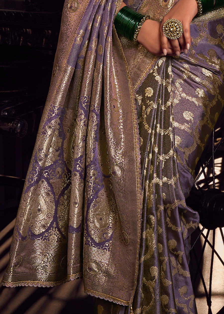 Banarasi Tissue Silk Purple Handloom Saree & Contrast Beige Embroidered Blouse