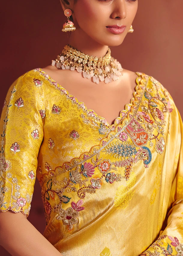 Yellow Zari Banarasi Silk Embroidered Saree