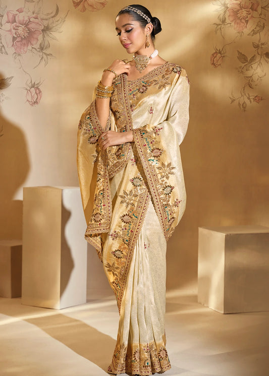 Off White & Golden Kanjivaram Silk Embroidered Bridal Saree