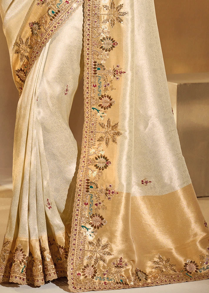Off White & Golden Kanjivaram Silk Embroidered Bridal Saree