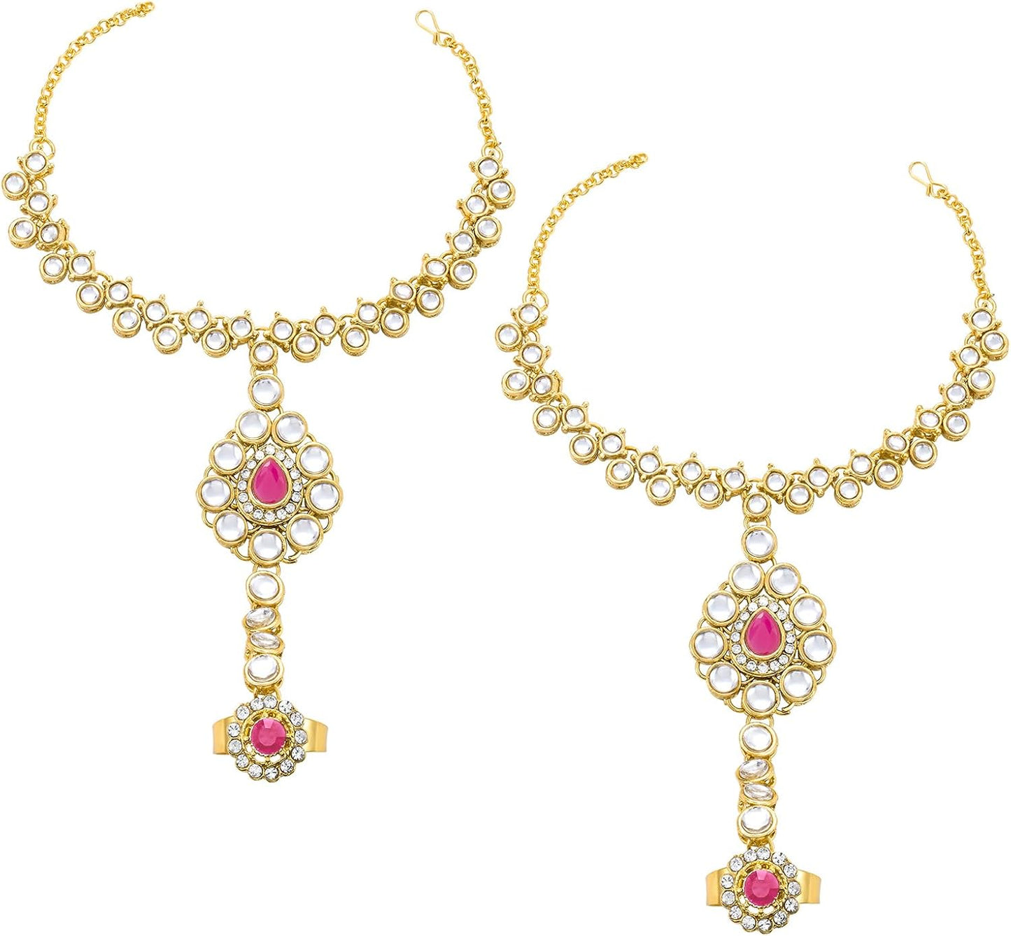 Kundan Bridal Jewellery Necklace Set With Earrings, Maang Tikka, Hathphool & Nose Ring (Pink)