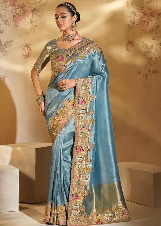 Sky Blue & Golden Kanjivaram Silk Embroidered Bridal Saree