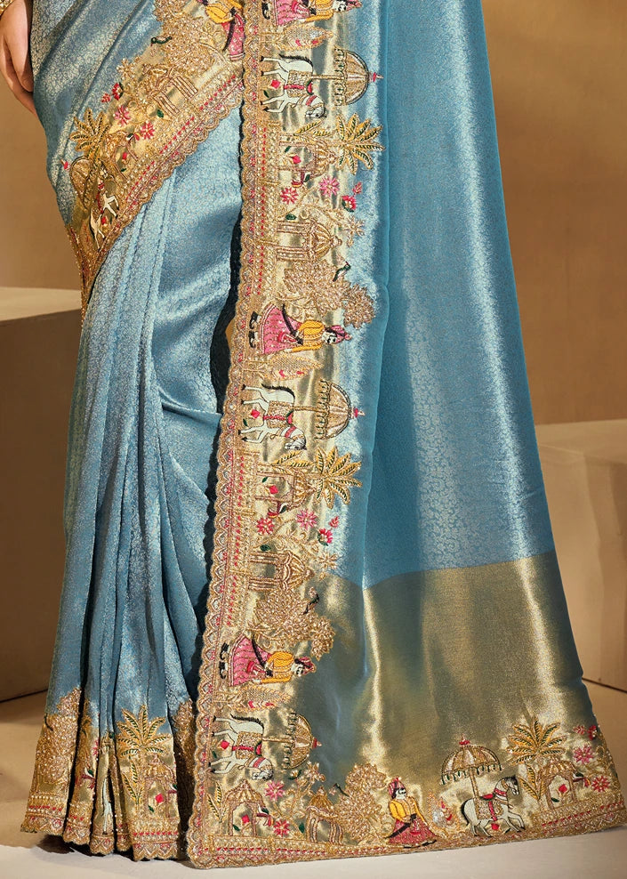 Sky Blue & Golden Kanjivaram Silk Embroidered Bridal Saree